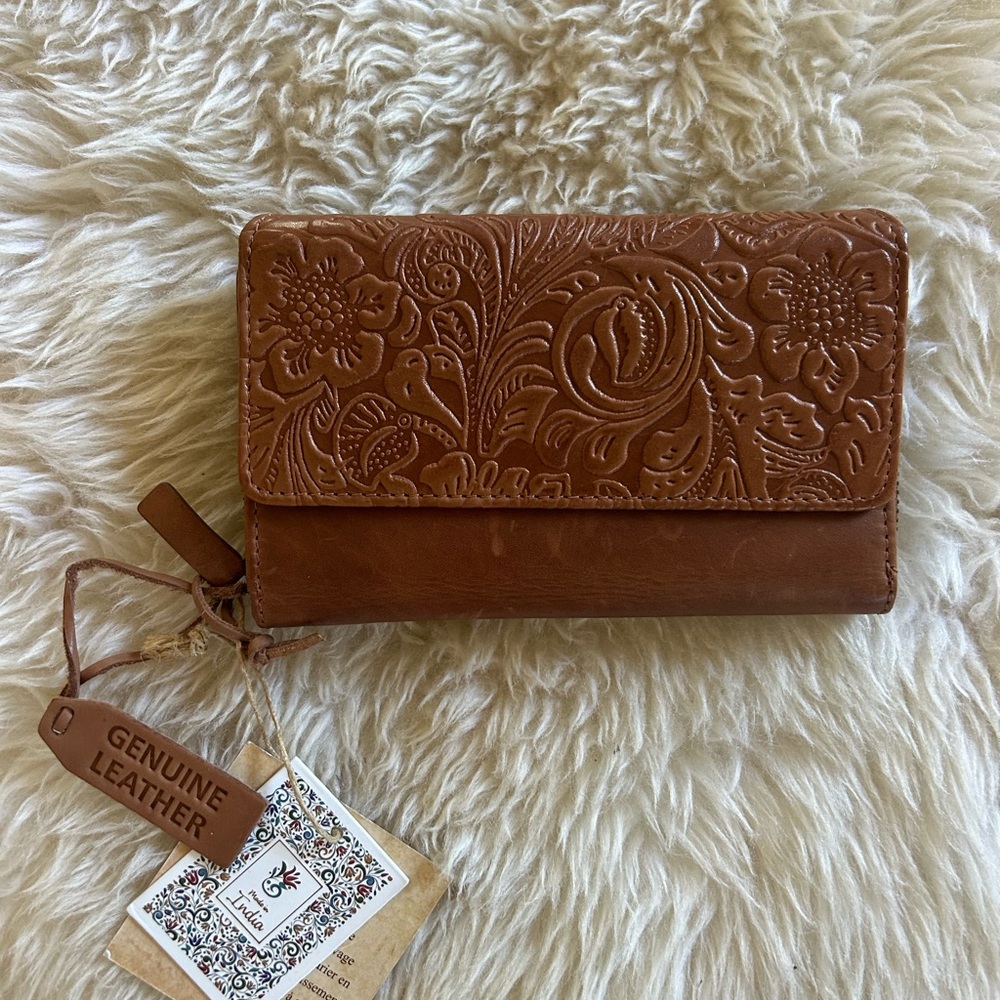 Brown Genuine Leather Floral Embossed Wallet